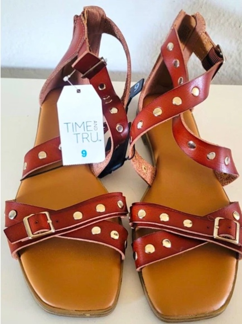 Time and Tru Women’s Tan Brown Studded Strappy Sandals